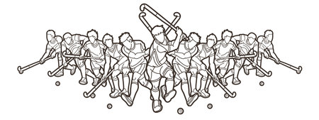 Field Hockey Sport Team Male Players Action Together Cartoon Graphic Vectorのイラスト素材