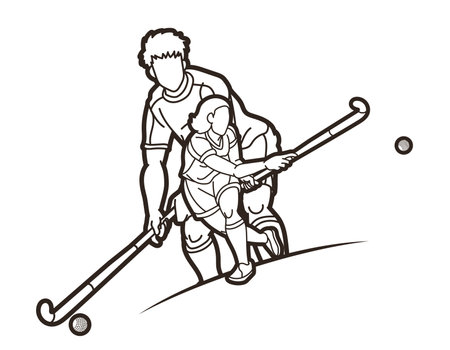 Field Hockey Sport Team Male and Female Players Action Together Cartoon Graphic Vectorのイラスト素材