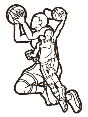 Group of Basketball Female Players Action Cartoon Sport Graphic Vectorのイラスト素材