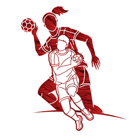 Handball Sport Team Male and Female Players Mix Action Cartoon Graphic Vectorのイラスト素材