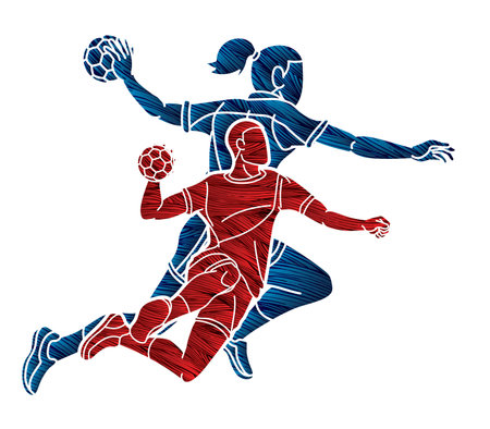 Handball Sport Team Male and Female Players Mix Action Cartoon Graphic Vectorのイラスト素材