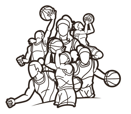 Group of Basketball Women Players Action Cartoon Sport  Team Graphic Vectorのイラスト素材