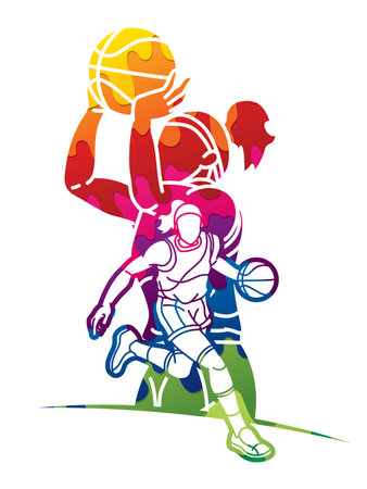 Group of Basketball Women Players Action Cartoon Sport  Team Graphic Vectorのイラスト素材