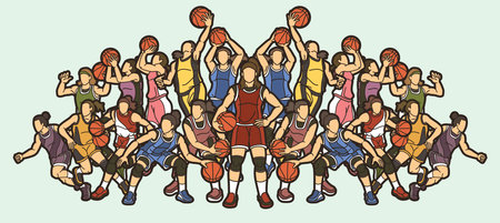 Group of Basketball Women Players Action Cartoon Sport  Team Graphic Vectorのイラスト素材