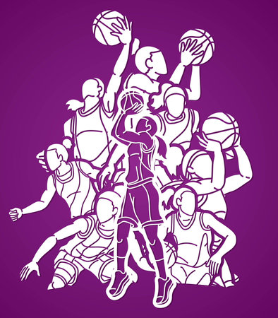 Group of Basketball Women Players Action Cartoon Sport  Team Graphic Vectorのイラスト素材