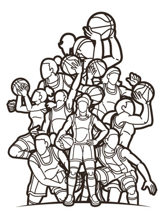 Group of Basketball Women Players Action Cartoon Sport  Team Graphic Vectorのイラスト素材