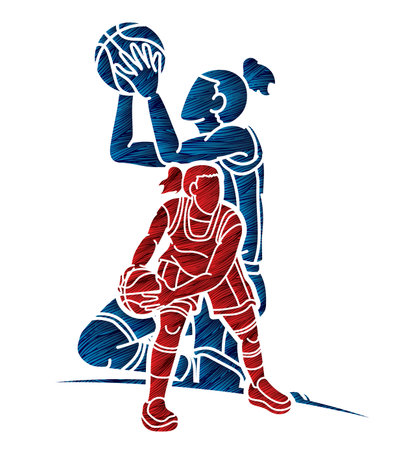 Group of Basketball Women Players Action Cartoon Sport  Team Graphic Vectorのイラスト素材