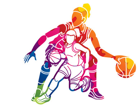 Basketball Team Women Players Action Cartoon Sport Team Graphic Vectorのイラスト素材