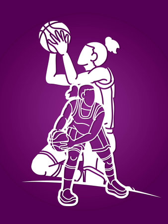 Basketball Team Women Players Action Cartoon Sport Team Graphic Vectorのイラスト素材