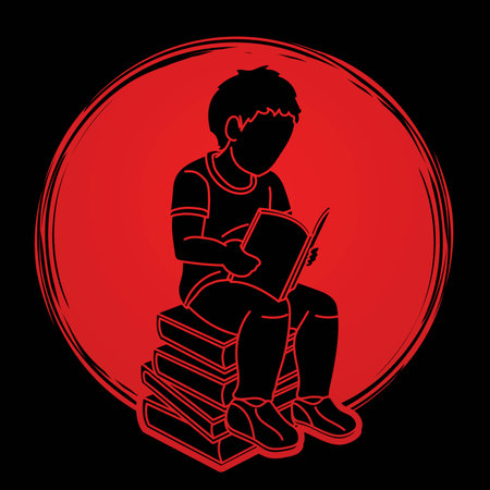 A Boy Reading A Book Cartoon Silhouette Graphic Vectorのイラスト素材