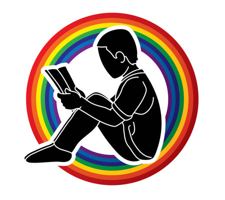 A Boy Reading A Book Cartoon Silhouette Graphic Vectorのイラスト素材