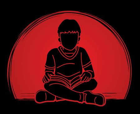 A Boy Reading A Book Cartoon Silhouette Graphic Vectorのイラスト素材