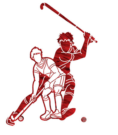 Field Hockey Sport Team Male Players Mix Action Cartoon Graphic Vectorのイラスト素材