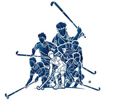 Field Hockey Sport Team Male Players Mix Action Cartoon Graphic Vectorのイラスト素材