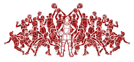 Group of Basketball Women Players Action Cartoon Sport Team Graphic Vectorのイラスト素材