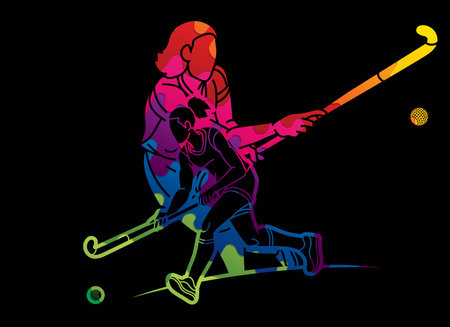 Group of Field Hockey Sport Team Female Players Mix Action Cartoon Graphic Vectorのイラスト素材