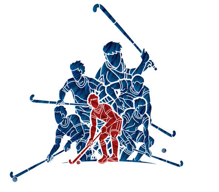 Field Hockey Sport Team Male Players Mix Action Cartoon Graphic Vectorのイラスト素材