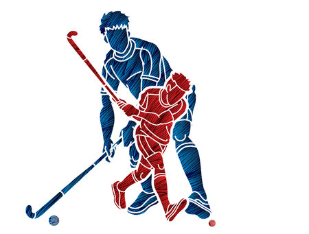 Field Hockey Sport Team Male Players Mix Action Cartoon Graphic Vectorのイラスト素材