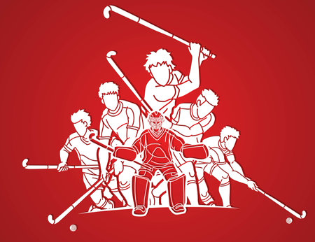 Field Hockey Sport Team Male Players Mix Action Cartoon Graphic Vectorのイラスト素材