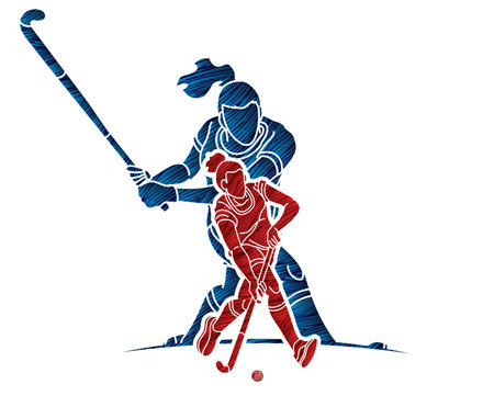 Group of Field Hockey Sport Team Mix Action Female Players Cartoon Graphic Vectorのイラスト素材