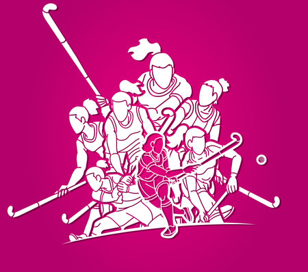 Group of Field Hockey Sport Team Mix Action Female Players Cartoon Graphic Vectorのイラスト素材