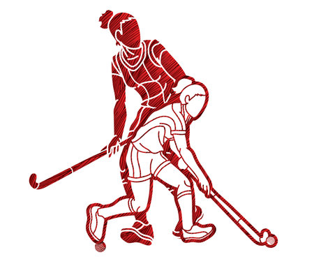 Group of Field Hockey Sport Team Mix Action Female Players Cartoon Graphic Vectorのイラスト素材