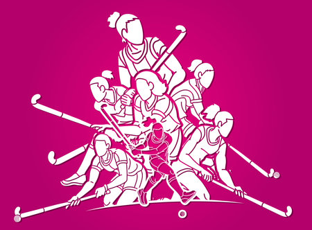 Group of Field Hockey Sport Team Mix Action Female Players Cartoon Graphic Vectorのイラスト素材