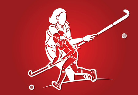 Group of Field Hockey Sport Team Mix Action Female Players Cartoon Graphic Vectorのイラスト素材