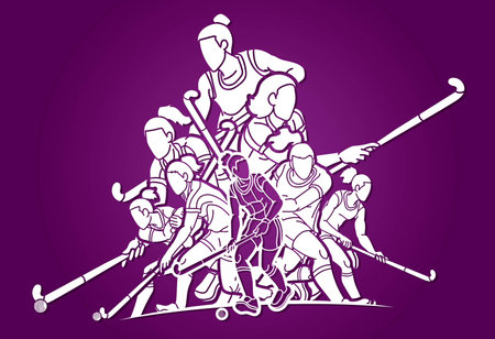 Group of Field Hockey Sport Team Mix Action Female Players Cartoon Graphic Vectorのイラスト素材