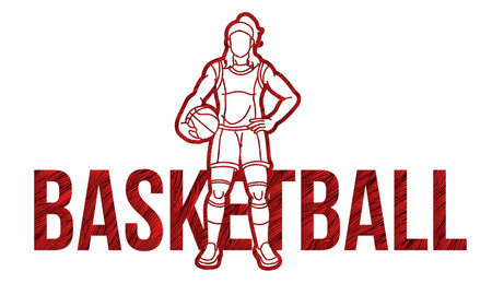 Basketball Font Text Design with Female Sport Player Cartoon Graphic Vectorのイラスト素材