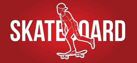 Skateboard and Skateboarder Action with Text Font Design Cartoon Graphic Vectorのイラスト素材