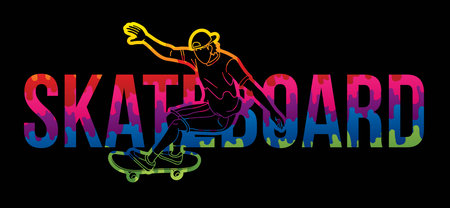 Skateboard and Skateboarder Action with Text Font Design Cartoon Graphic Vectorのイラスト素材