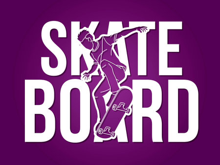 Skateboard and Skateboarder Action with Text Font Design Cartoon Graphic Vectorのイラスト素材