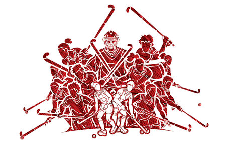 Group of Field Hockey Sport Man and Woman Players Action Cartoon Graphic Vectorのイラスト素材