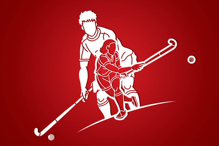 Group of Field Hockey Sport Man and Woman Players Action Cartoon Graphic Vectorのイラスト素材