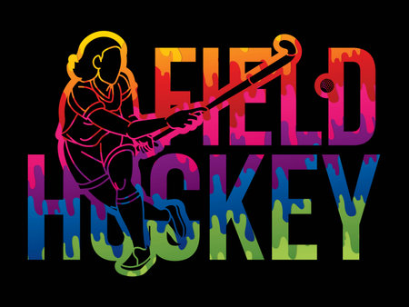 Field Hockey Female Player Action with Text Font Design Cartoon Graphic Vectorのイラスト素材