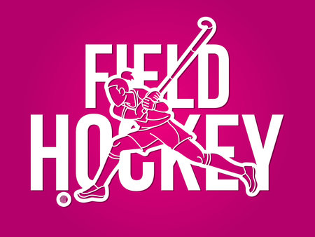 Field Hockey Female Player Action with Text Font Design Cartoon Graphic Vectorのイラスト素材
