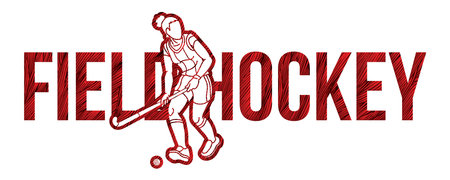 Field Hockey Female Player Action with Text Font Design Cartoon Graphic Vectorのイラスト素材