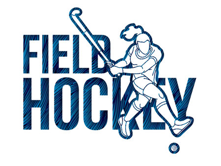 Field Hockey Female Player Action with Text Font Design Cartoon Graphic Vectorのイラスト素材
