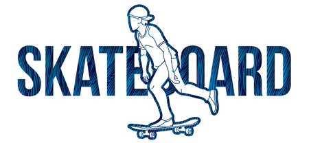 Skateboard Text Designed with Male Player Cartoon Extreme Sport Graphic Vectorのイラスト素材