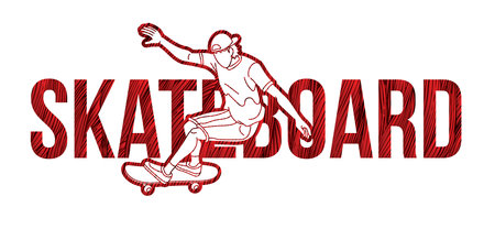 Skateboard Text Designed with Male Player Cartoon Extreme Sport Graphic Vectorのイラスト素材