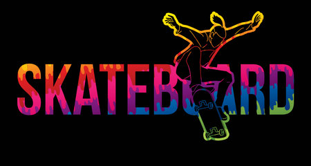 Skateboard Text Designed with Male Player Cartoon Extreme Sport Graphic Vectorのイラスト素材