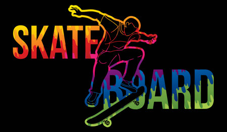 Skateboard Text Designed with Male Player Cartoon Extreme Sport Graphic Vectorのイラスト素材
