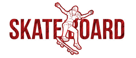 Skateboarder with Text Designed Skateboard Female Player Action Cartoon Extreme Sport Graphic Vectorのイラスト素材