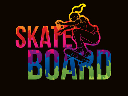 Skateboarder with Text Designed Skateboard Female Player Action Cartoon Extreme Sport Graphic Vectorのイラスト素材