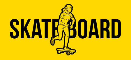 Skateboarder with Text Designed Skateboard Female Player Action Cartoon Extreme Sport Graphic Vectorのイラスト素材