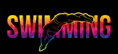 Swimming Text with Swimmer Cartoon Sport Graphic Vectorのイラスト素材