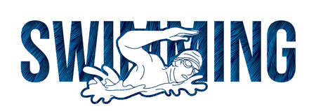 Swimming Text with Swimmer Cartoon Sport Graphic Vectorのイラスト素材