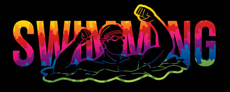Swimming Text with Swimmer Cartoon Sport Graphic Vectorのイラスト素材
