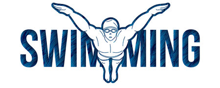 Swimming Text with Swimmer Cartoon Sport Graphic Vectorのイラスト素材